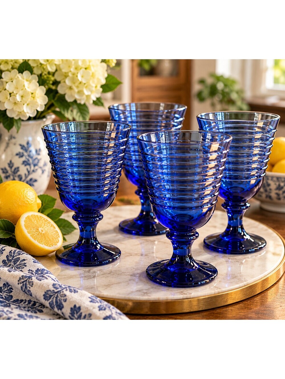 Vintage Libbey Cobalt Blue Ribbed Footed Goblets Set of 4 Water Wine Glasses
